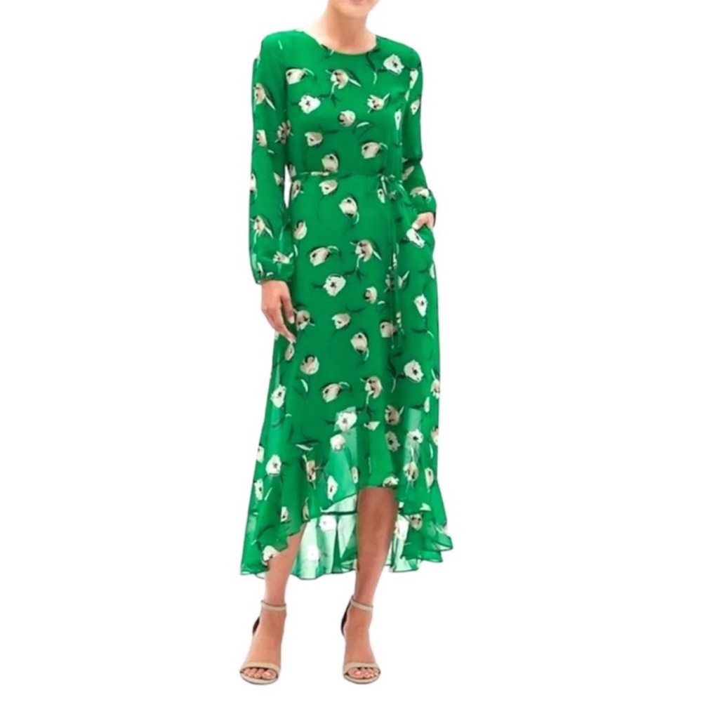 Banana Republic Green Floral Ruffle Midi Dress Sheer Hi Lo Tiered Long Sleeve 2